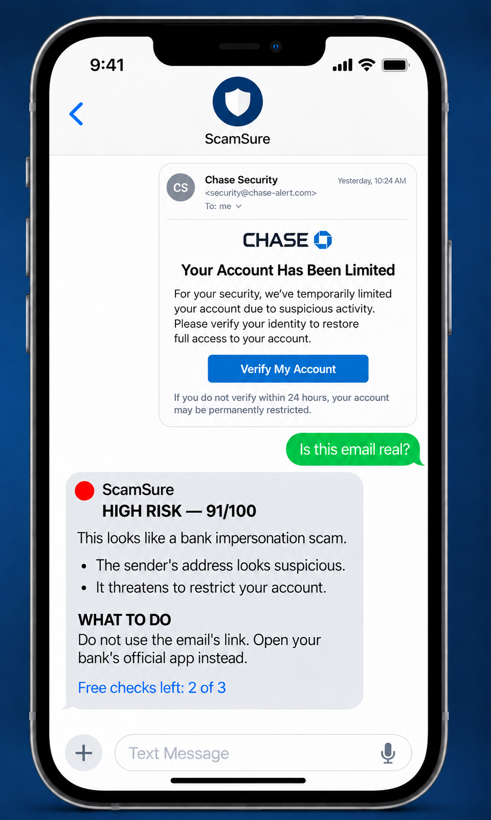 ScamSure example checking a suspicious bank email screenshot