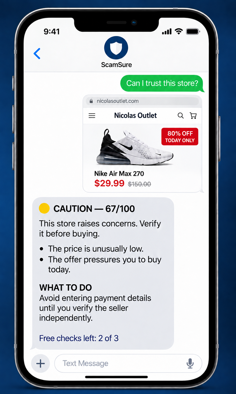 ScamSure example checking a suspicious online shopping website