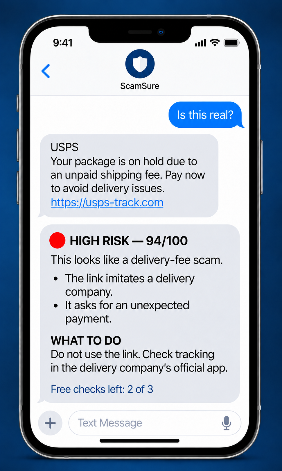 Example ScamSure text conversation showing a suspicious USPS message, a High Risk response, and 2 of 3 free checks left